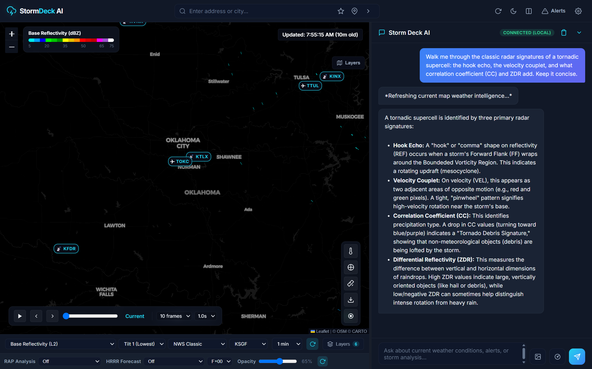 StormDeck AI agent answering a severe-weather question with locally-hosted inference